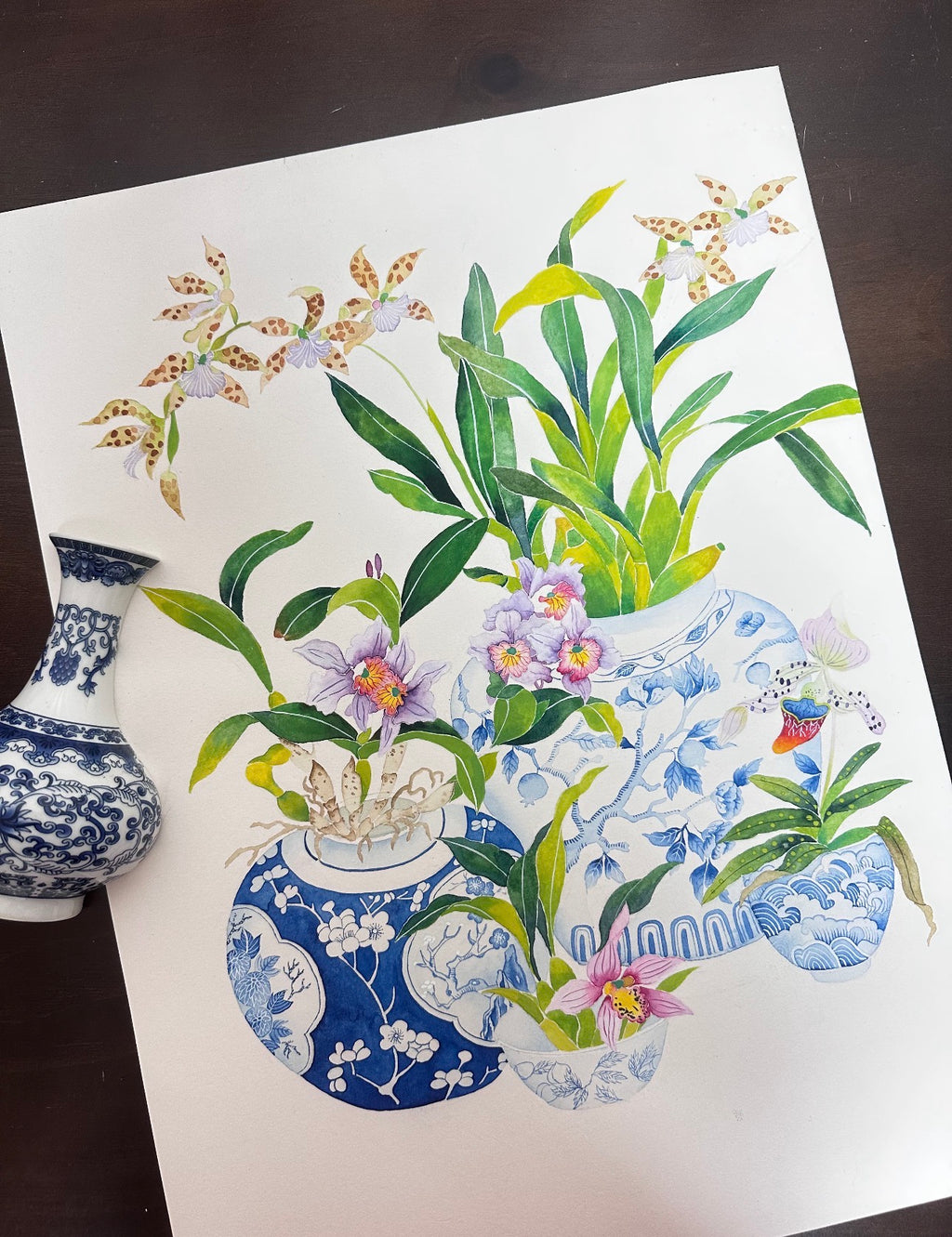 Watercolour Painting of Flowers in Blue and Green – A3