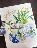 Watercolour Painting of Flowers in Blue and Green – A3