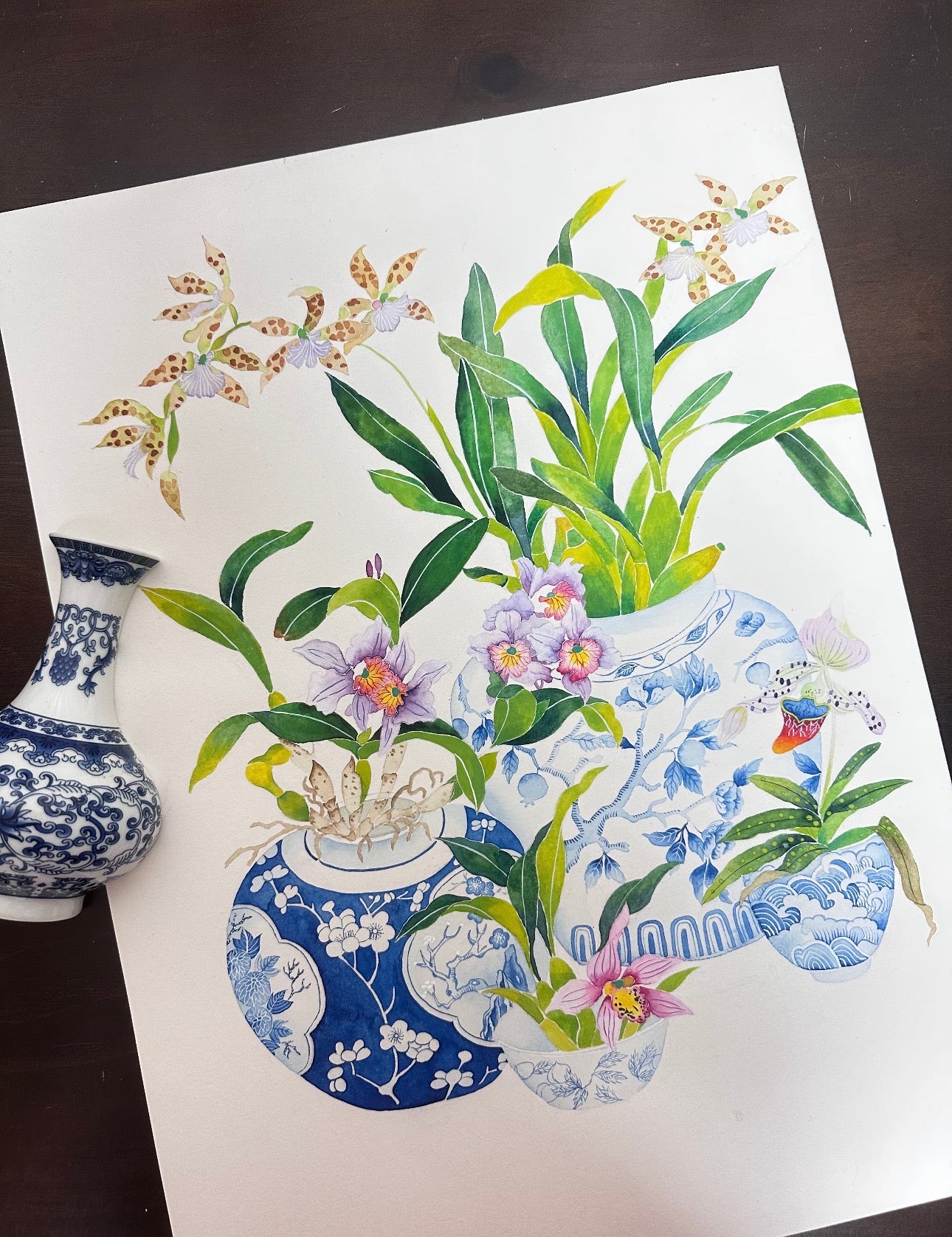 Watercolour Painting of Flowers in Blue and Green – A3
