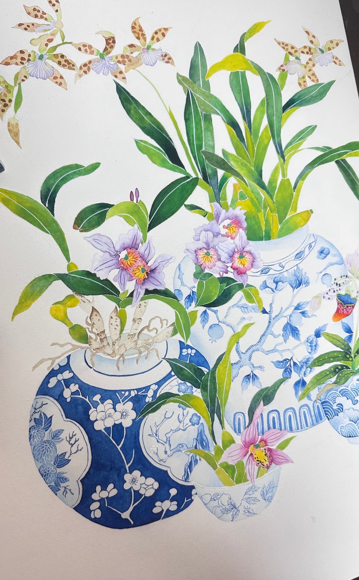 Watercolour Painting of Flowers in Blue and Green – A3