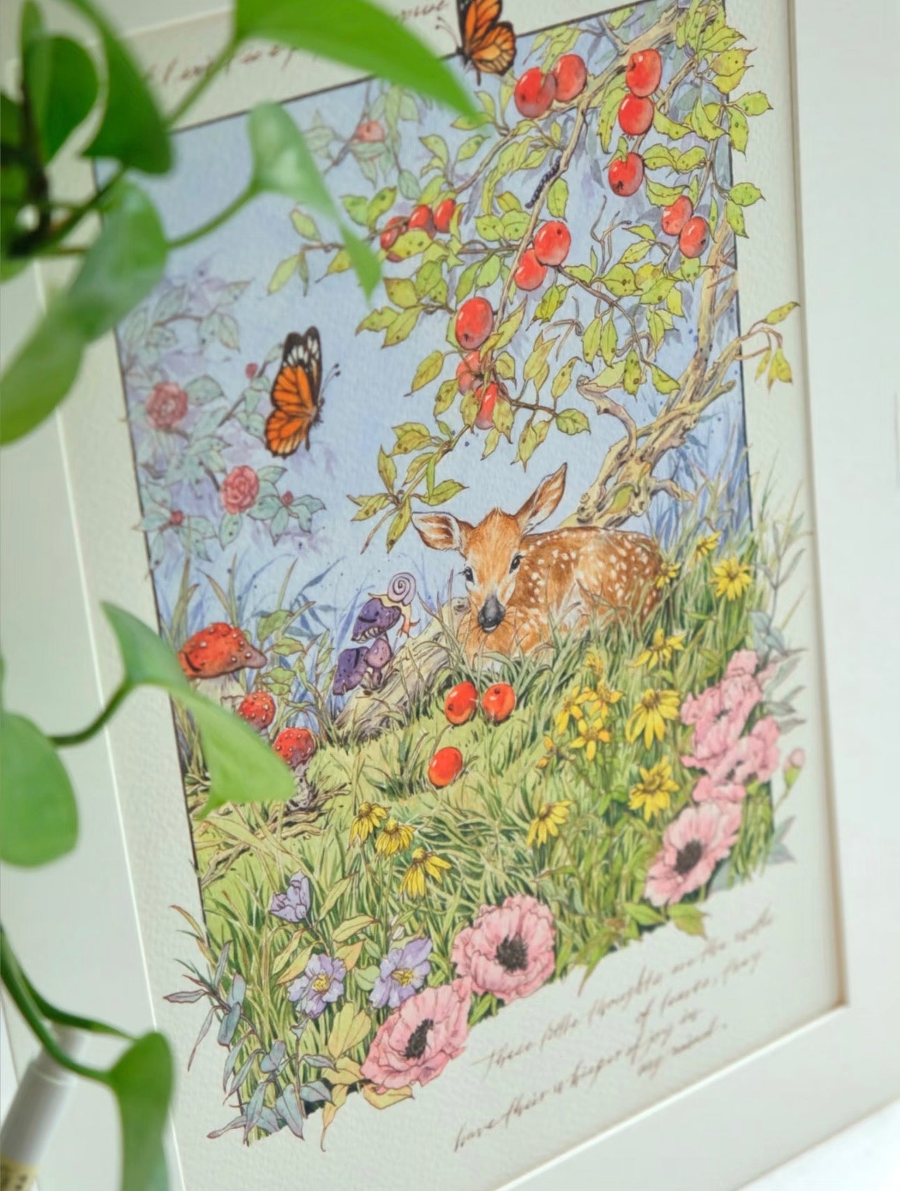 Whimsical Watercolour Painting – Deer, Flowers & Butterflies – A3