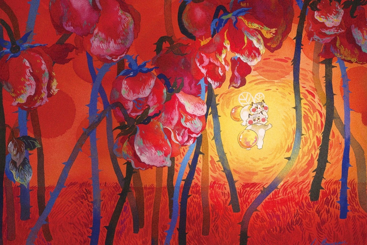 Cats in the Poppy Field Watercolour Painting – 50 × 70 cm