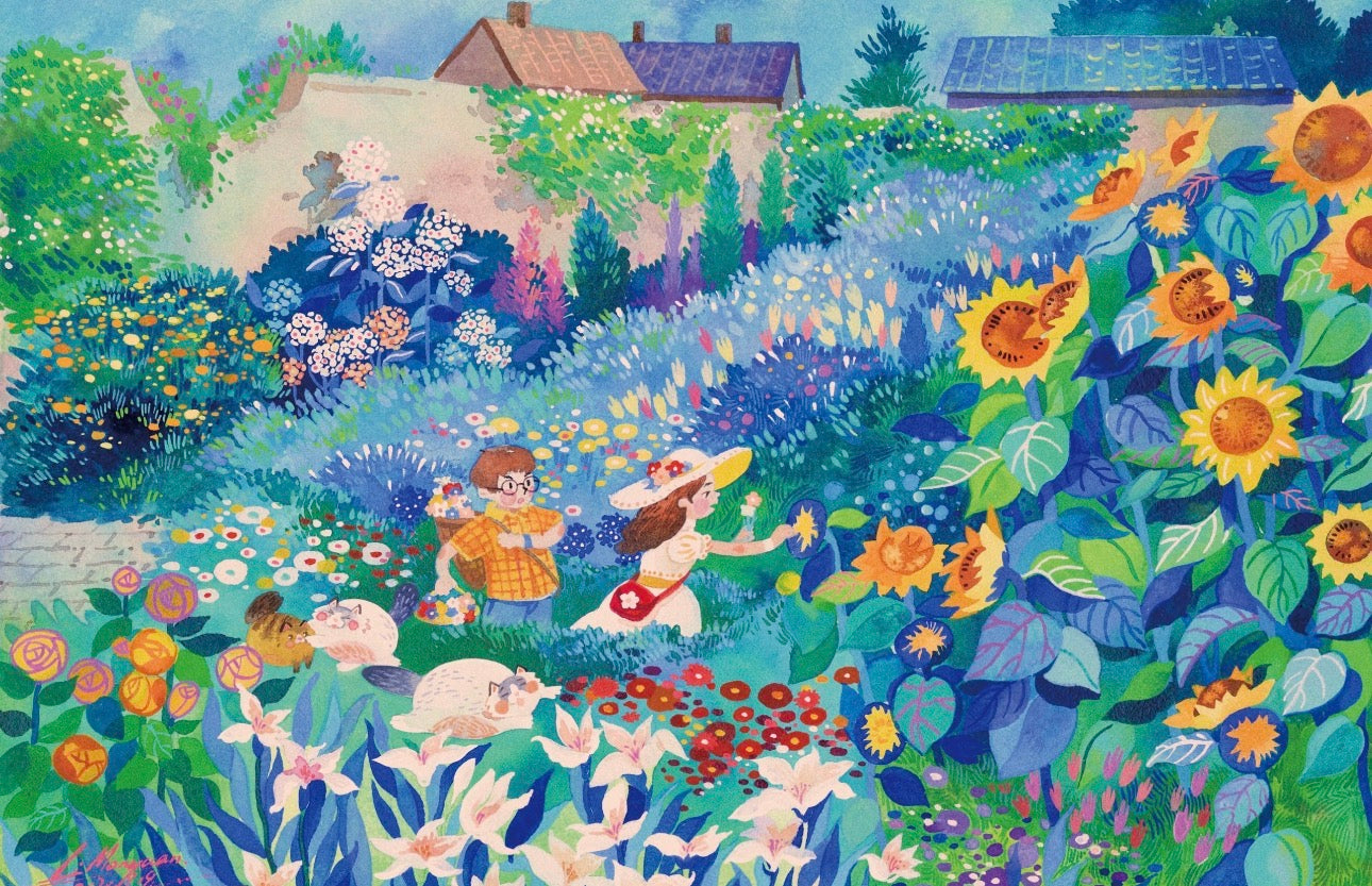 A Day in the Garden Watercolour Painting – 75 × 50 cm