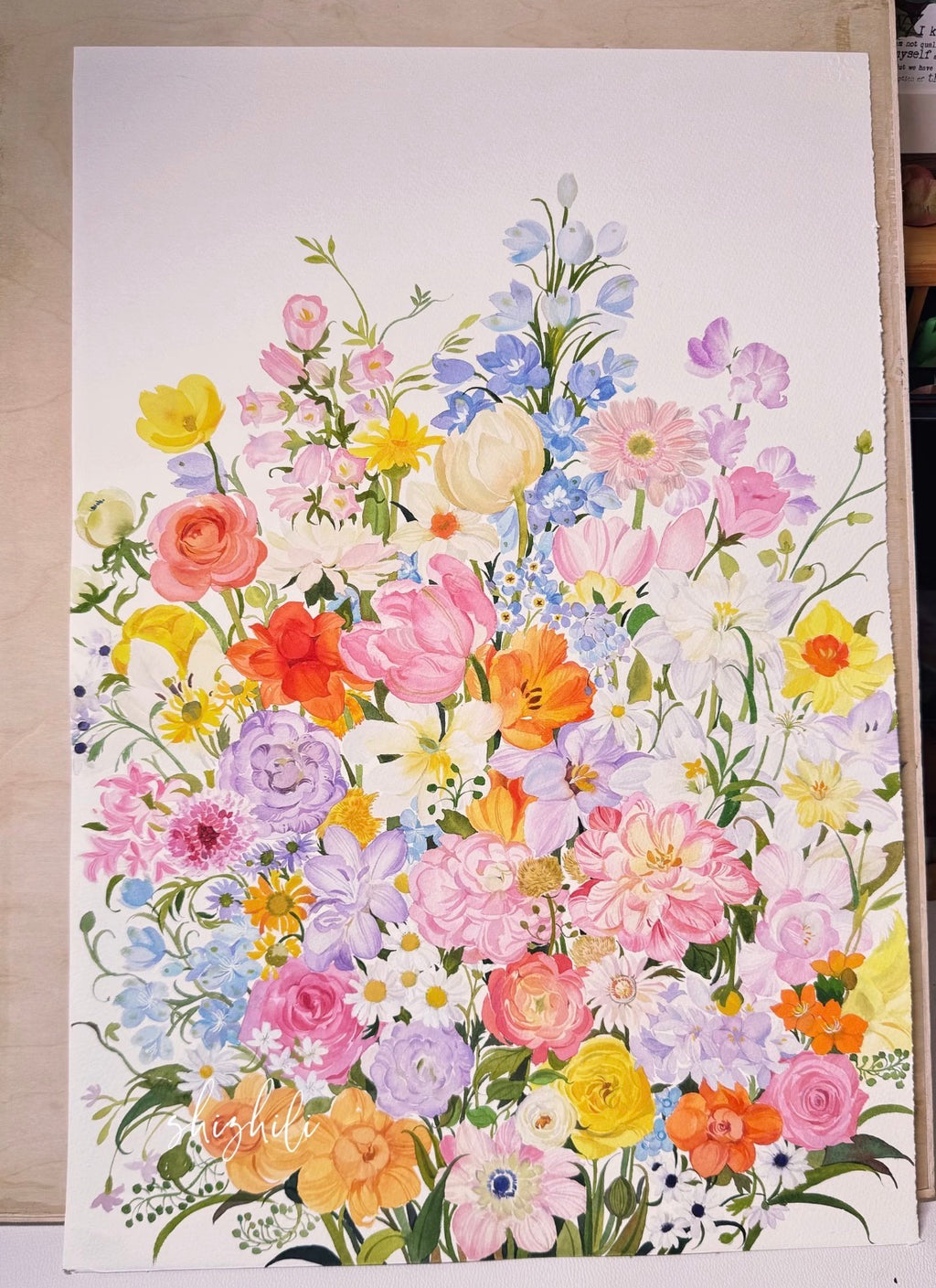 Watercolour Painting of Flowers A3