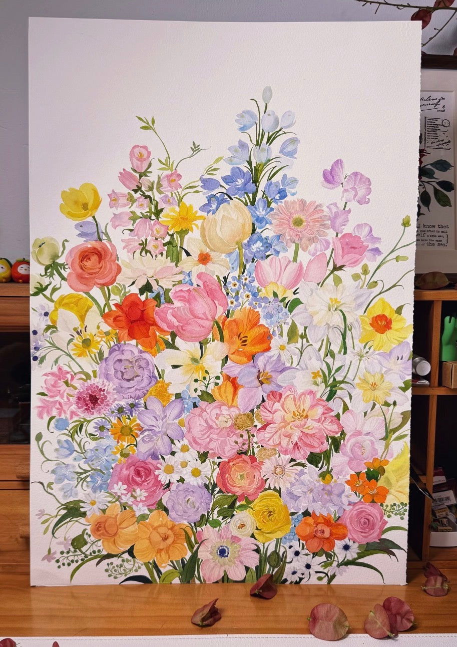 Watercolour Painting of Flowers A3