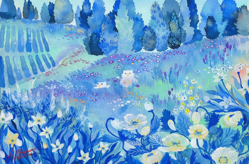Cats in the Lavender Field Watercolour Painting – 50 × 70 cm
