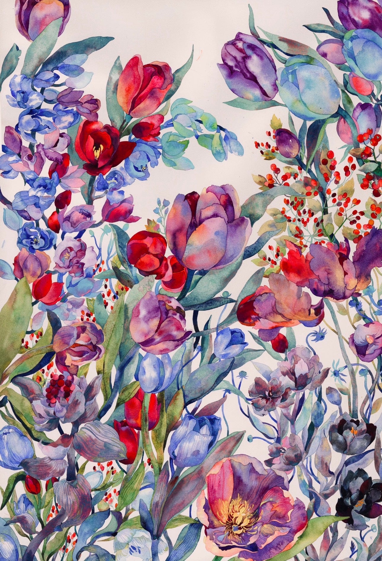 Jewel-Toned Floral Watercolour Painting – 75 × 50 cm